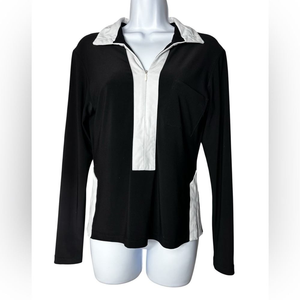 Sympli Zip V Neck Top Short Sleeve Black White Trim Jersey Knit Size 10
